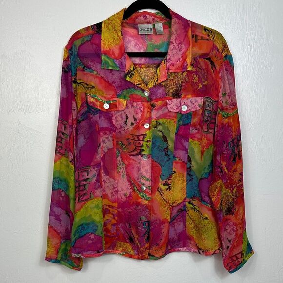 Chico's Silk Vibrant Abstract Print Button Down Shirt Size XL - Picture 1 of 9
